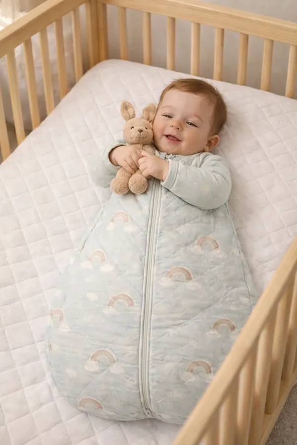 Baby in een slaapzak in een ledikant