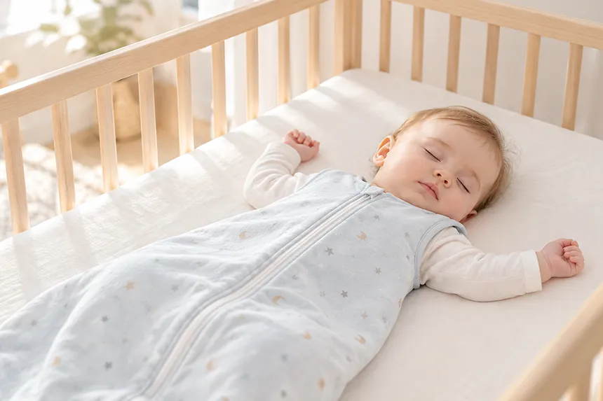 Baby in een babyslaapzak in een ledikant